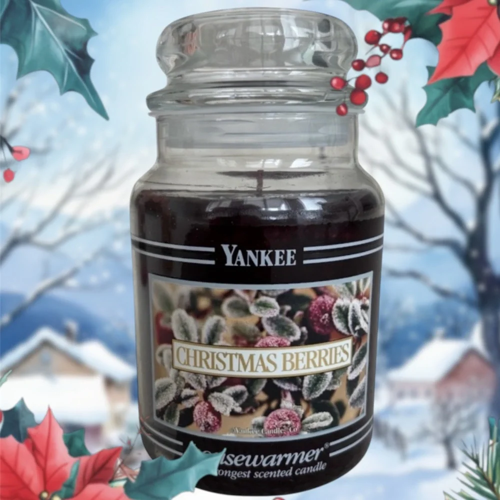 Yankee Candle Jar Christmas Berries Vintage Black Band Burgundy Deep Red 22 Oz